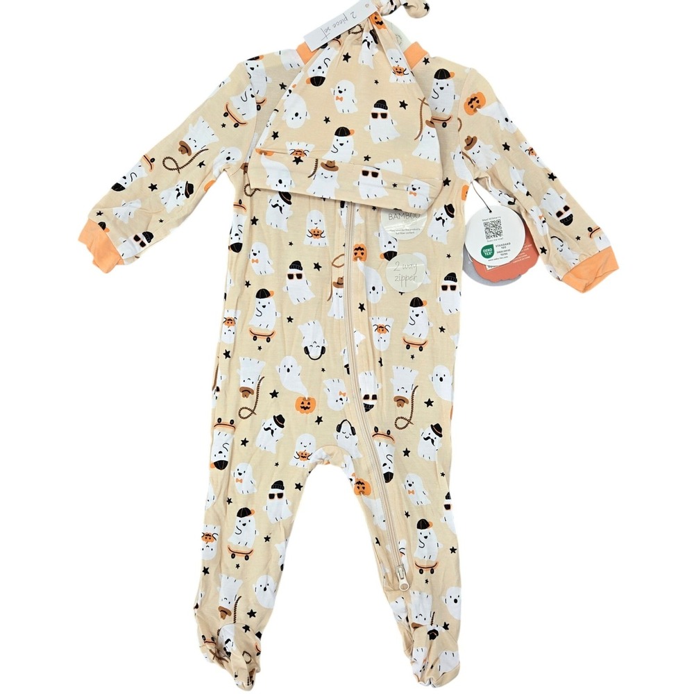 Milkberry NEW 3-6M Ghost Print Bamboo Footie Romper Set Infant Halloween Goth